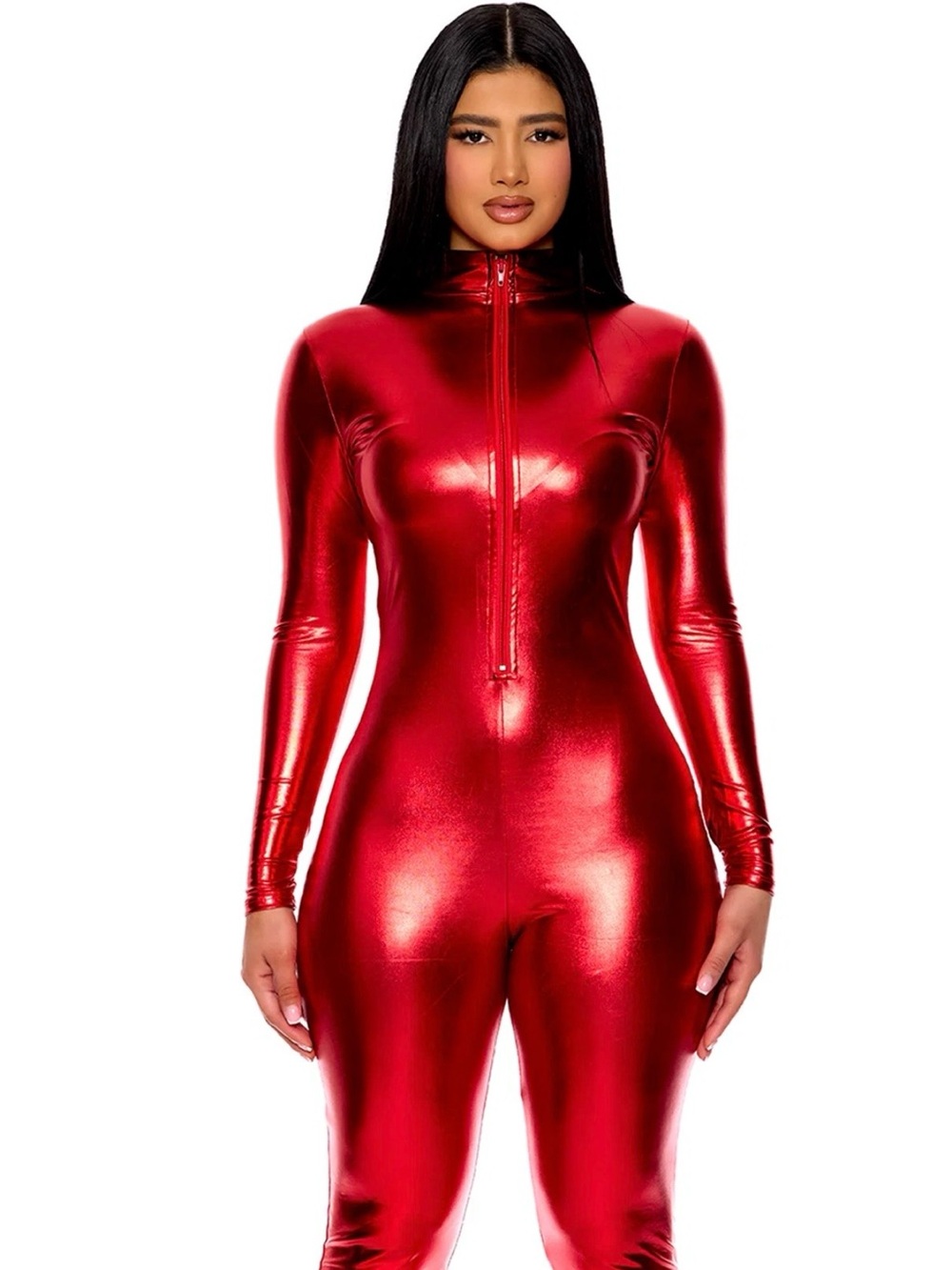 Forplay Red Metallic Catsuit Zip Front Jumpsuit L/XL
